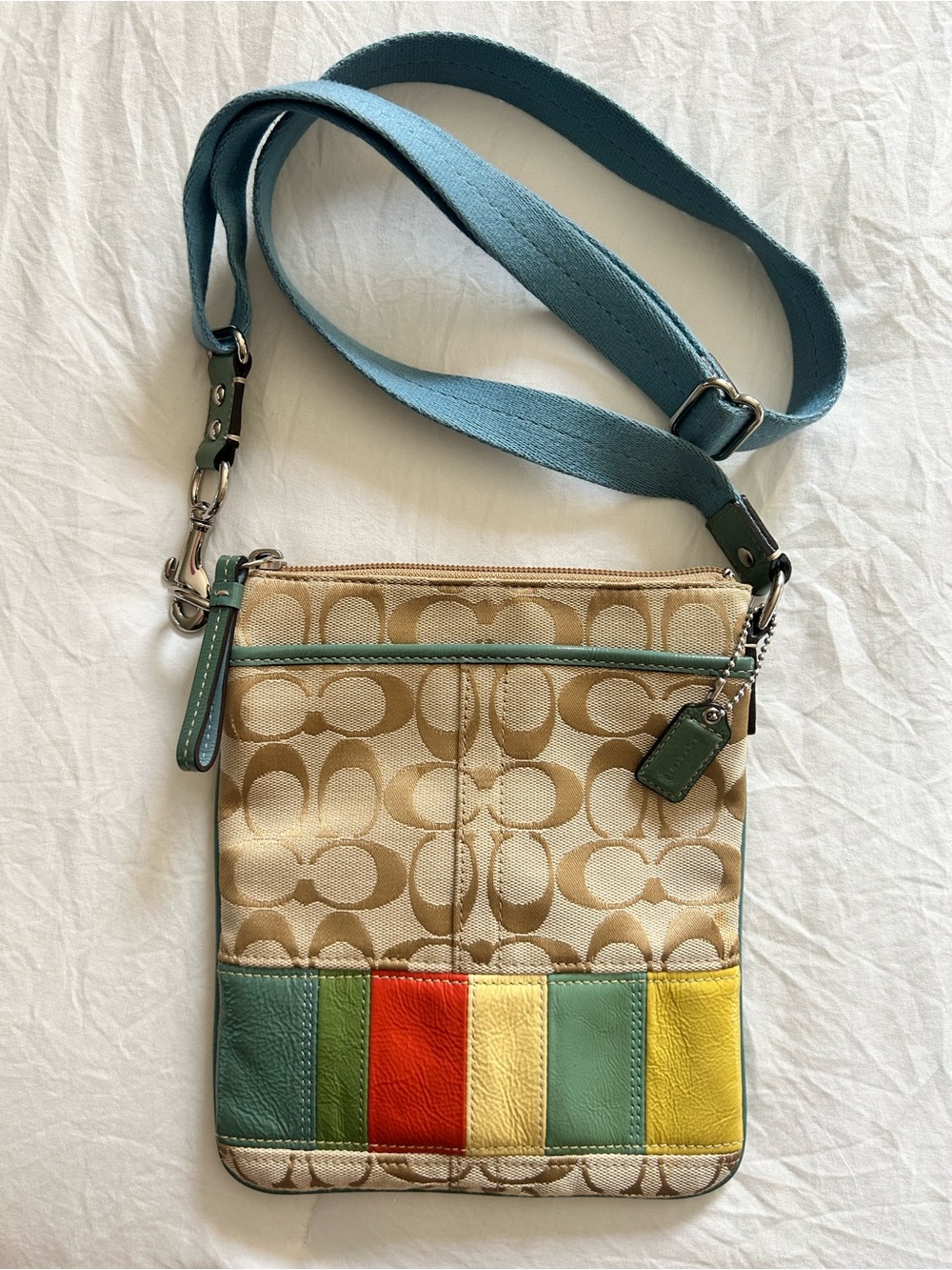 Coach Beige Signature Crossbody with Teal Strap and Multicolor Stripe Panel